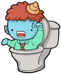 Funny stressed boy monster with tie sitting in toilet on black background