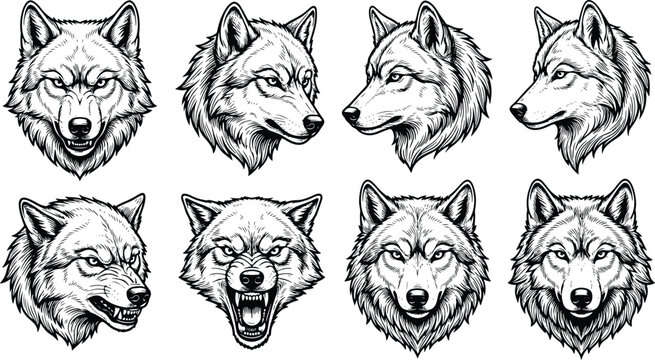 Vintage Engraved Wolf Head Collection Featuring Front Profile Angry and Howling Wildlife Portraits