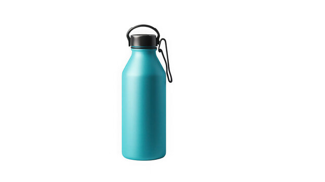 Cyan reusable metal water bottle with carrying loop with black screw top on transparent background