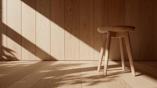 A minimalist wooden stool sits bathed in warm sunlight, casting soft shadows