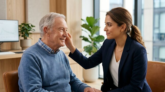 Caregiver provides compassionate support to an elderly man during a professional consultation session in a modern office environment.