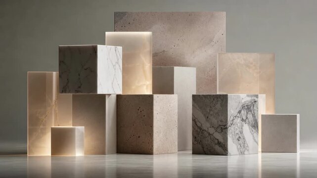 Various marble and stone blocks arranged with dramatic lighting