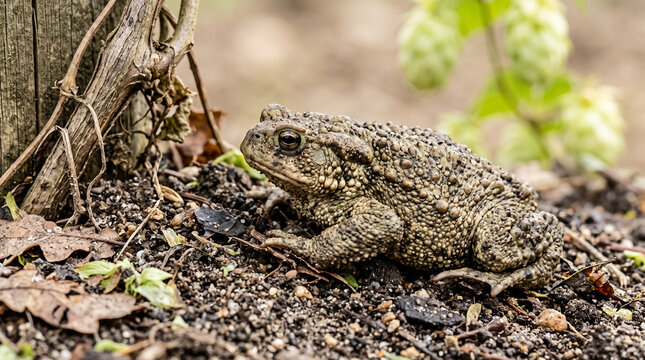 Bumpy brown toad sitting on dirt in the garden