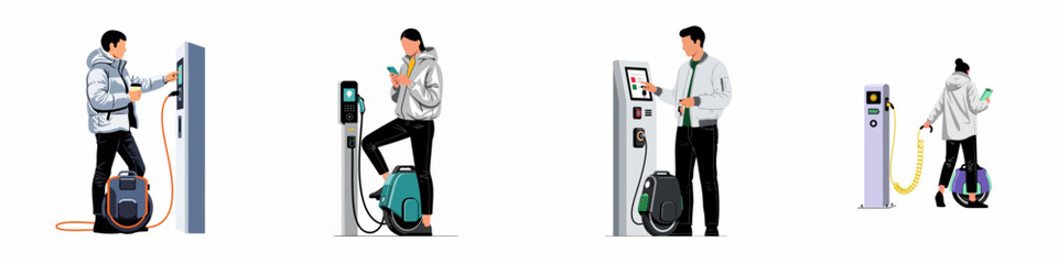 Set of diverse people charging their electric unicycles at public charging stations, showcasing modern urban mobility and sustainable eco-friendly transportation solutions. © Aldi