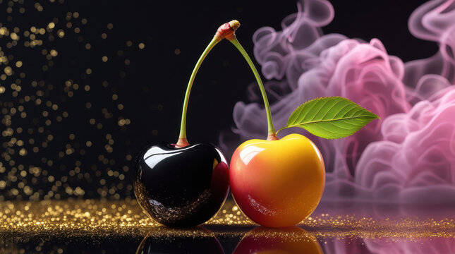 Fresh red and yellow cherries with smoke and gold glitter on black