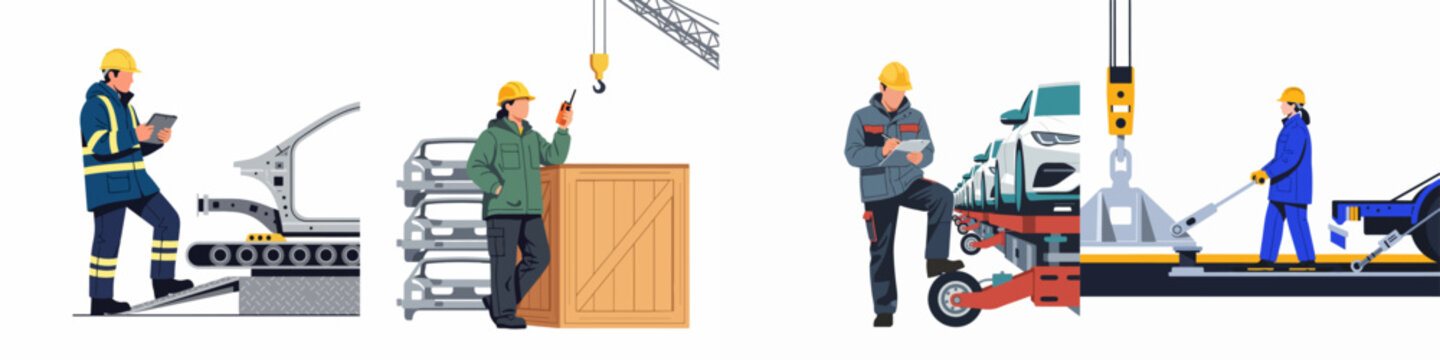 Set of flat vector illustrations depicting automotive industry workers, including car manufacturing, assembly line production, logistics, and quality control processes.