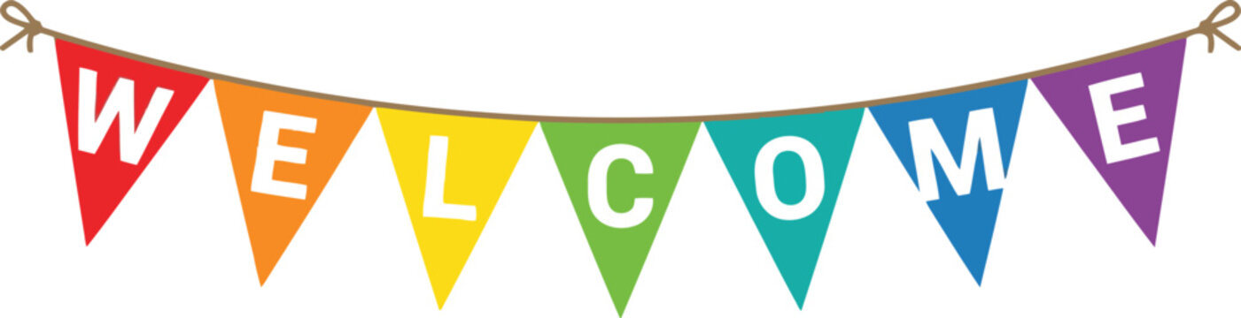 Welcome bunting flags banner. Colorful party pennants for celebration and event decoration.