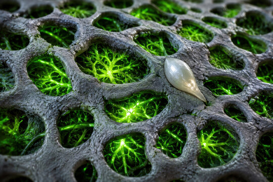 Abstract dark porous structure with glowing green light and a single white seed isolated on white background