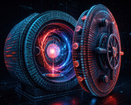 Futuristic glowing portal with intricate metallic rings in deep space