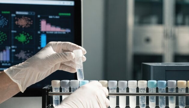 Scientist wearing gloves handling test tubes in a laboratory with data charts displayed on a computer screen in the background.