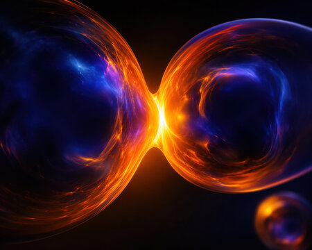 Glowing abstract orange and blue light bubbles colliding in darkness