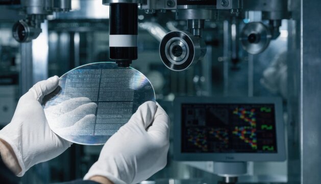 A technician wearing gloves examines a silicon wafer under a microscope in a high-tech laboratory or semiconductor manufacturing environment.