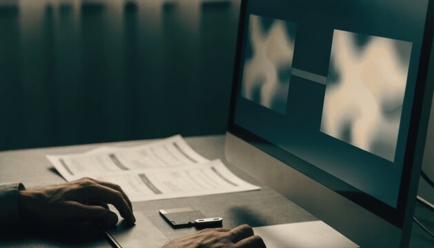 Person using a computer with brain scan images displayed on the monitor, highlighting medical analysis or neurological research in a dimly lit environment.