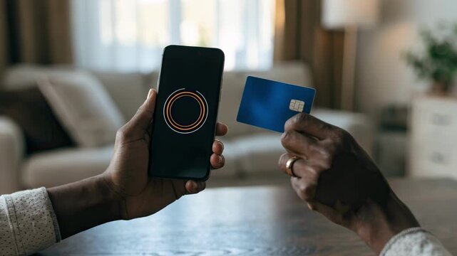 Focused view of a user holding a credit card near a phone while making an insurance payment the phone screen in sharp detail and home interior out of focus.