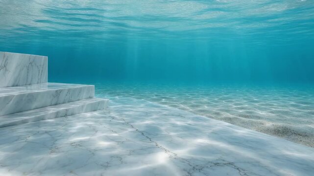 Underwater view of marble steps with sunlight filtering through clear water