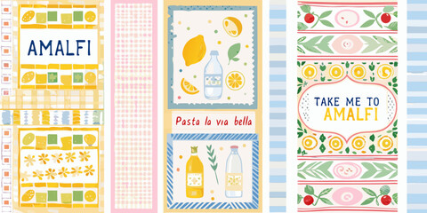 italian themed product labels vector illustration theme amalfi lemon bottles colorful patterned food beverage design graphic marketing packaging citrus drinks travel culture italy © Rekha
