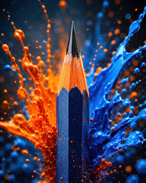 Sharpened pencil with dynamic orange and blue paint splashes isolated on white background