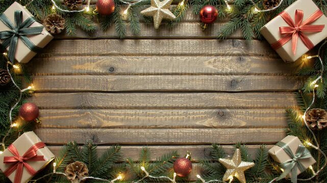 Festive arrangement of gifts, pine sprigs, pinecones, baubles, star ornaments, and lights