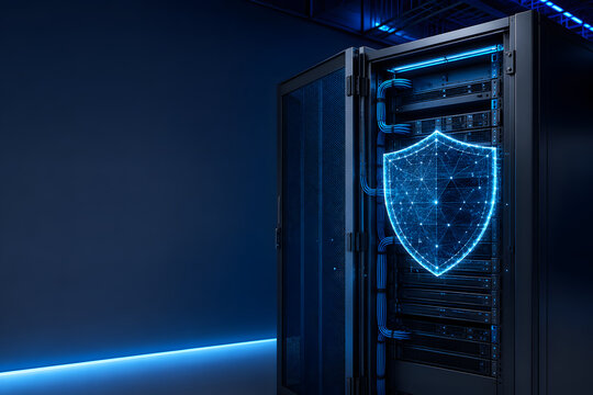 Modern server rack with digital cybersecurity shield representing cloud security and data protection