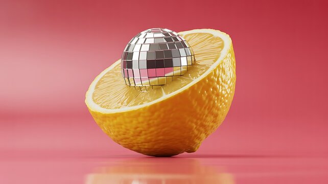 Orange half with disco ball creating a colorful party concept on a pink background