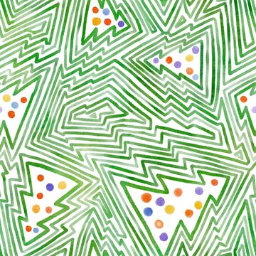 Seamless Watercolor Christmas Tree Zendoodle dots Pattern Background