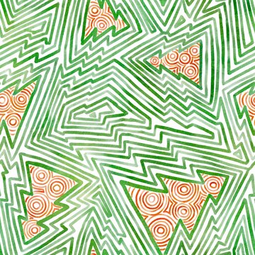 Seamless Watercolor Christmas Tree Zendoodle Pattern Background