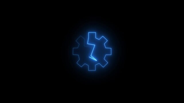 Neon blue broken gear icon animation, system error and mechanical failure concept on black background, 4K motion graphic
