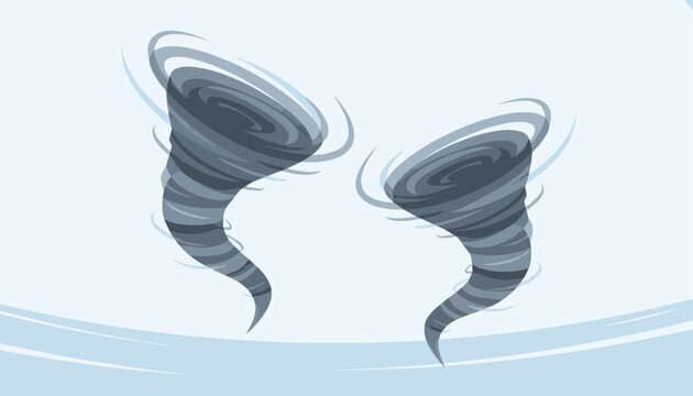 Two powerful cartoon tornadoes spinning fiercely across a light blue sky, illustrating extreme and severe weather conditions.
