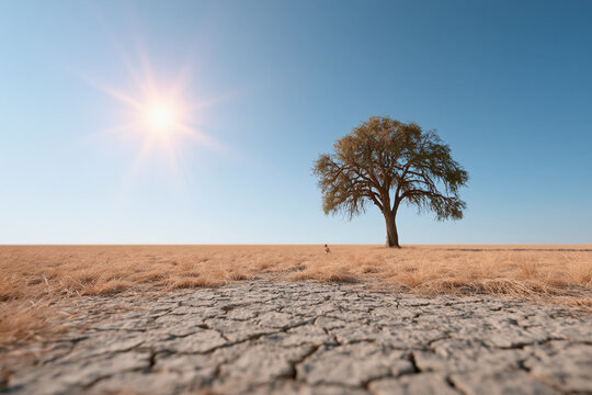 Sun blazes over cracked earth, solitary tree stands tall. Bare branches stretch toward sky, silent in the heat. Drought's harsh grip lingers beneath a relentless sun. This image speaks of resilience