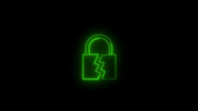Glowing neon line broken lock icon animation, cracked padlock symbol isolated on black background, 4K motion graphic