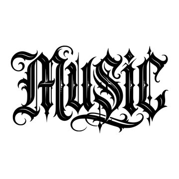 Typography Banner with Gothic Blackletter Letters and Ornate Sword Icon, Decorative Design for Music, Tattoo, and Fantasy Branding