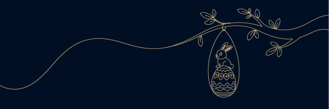Elegant One Line Easter Egg Ornament Hanging from Spring Branch on Dark Background with Copy Space