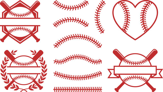 Red baseball stitching elements and league logos with bat ball and ribbon frame graphics.