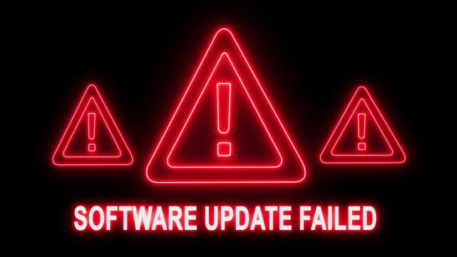 Software update failed warning sign with glowing red neon exclamation mark triangles for digital technology error notification and system troubleshooting