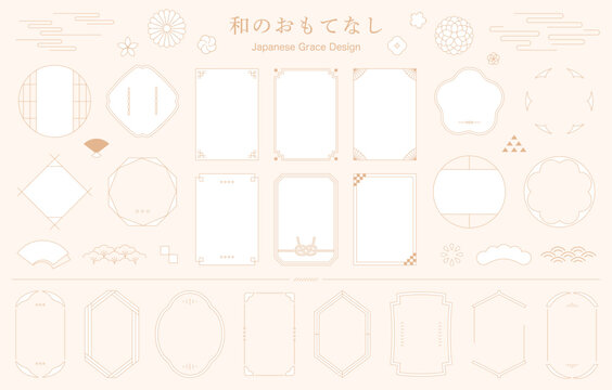 和風フレームと和柄アイコンのセット（線画・シンプル・和モダン）