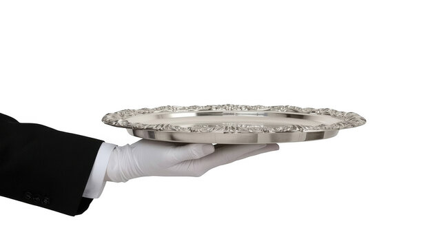 Waiter hand in white glove holding silver tray. Professional server presenting empty platter.