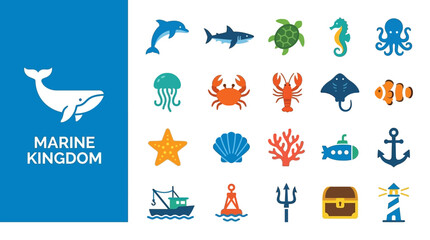 Collection of colorful marine life and ocean icons © Super