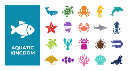 Aquatic kingdom marine animal icons for ocean wildlife design © Super