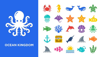 Underwater ocean kingdom icons with diverse marine creatures © Super