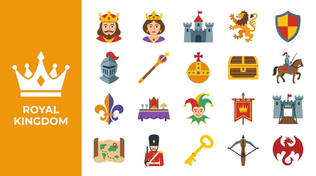 Medieval royal kingdom icon collection with monarchy elements