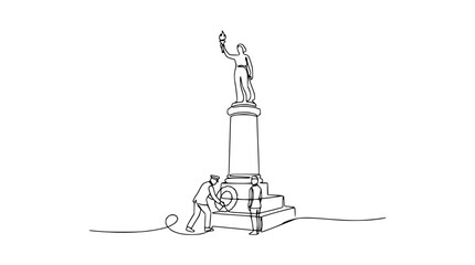 Fototapeta premium Continuous line drawing of a statue with people at its base, one holding a torch.