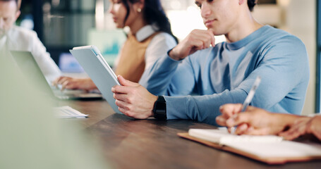 Naklejka na ściany i meble Hands, team and tablet for meeting in office with communication, proposal or review at real estate agency. People, realtor or consultant with tech for investor, property development or budget insight