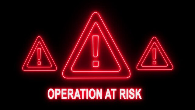 Operation at risk neon warning sign animation, cyber security alert and critical system failure concept, red glowing hazard on black background