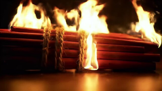 Stack of red firecrackers tied with twine, burning brightly