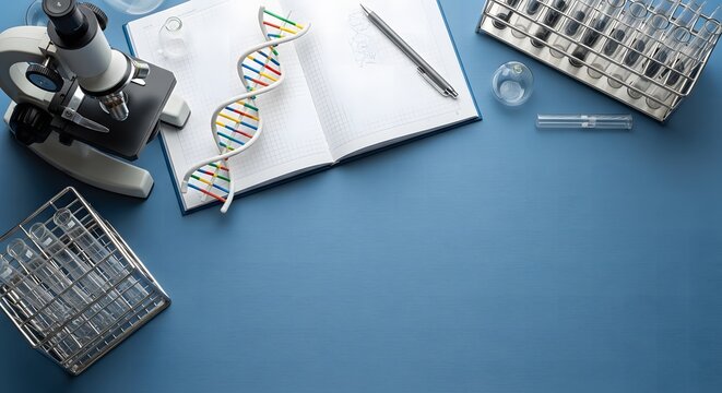 Scientific research workspace with microscope and DNA model.