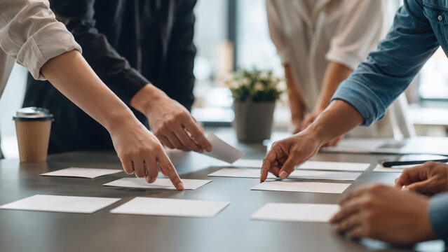 Team members work together and put ideas on paper cards during creative meeting in modern office environment