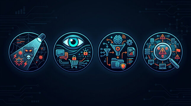 Cybersecurity concept with digital icons representing data analysis and threat detection.