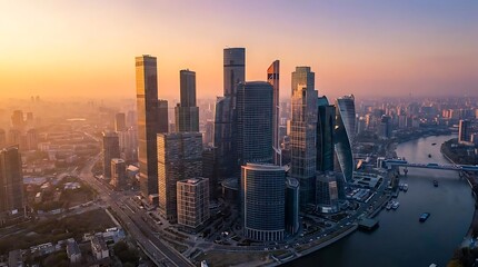 Obraz premium Modern city skyline with skyscrapers during golden sunset.