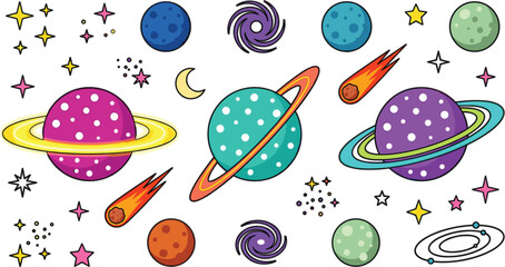 Outer space planet vector set with colorful cartoon saturn ring planets comets stars and galaxy astronomy design elements © MST