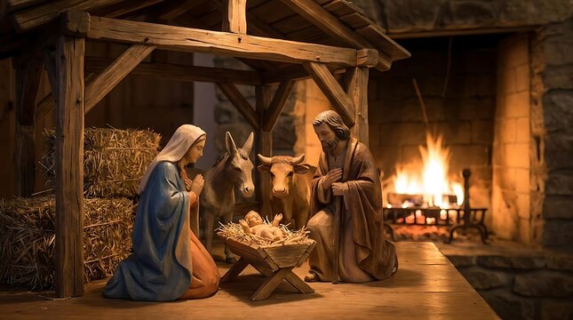 Holy family nativity scene inside rustic wooden stable.